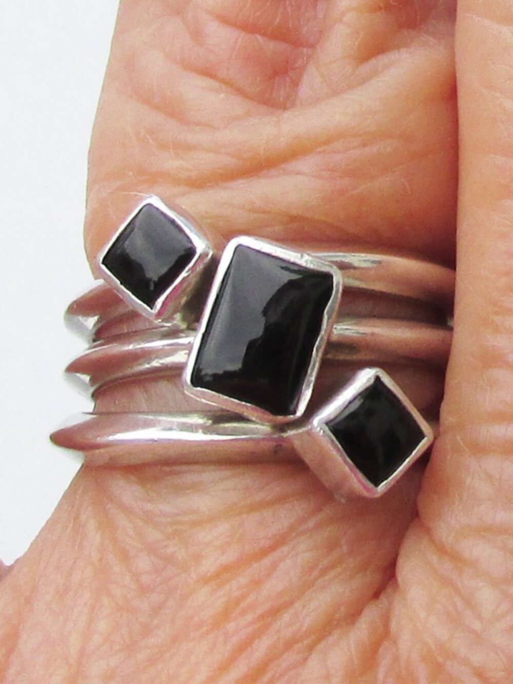 Set of 3 Vintage Sterling Silver Black Onyx Nesting Rings Sz 6 1/2